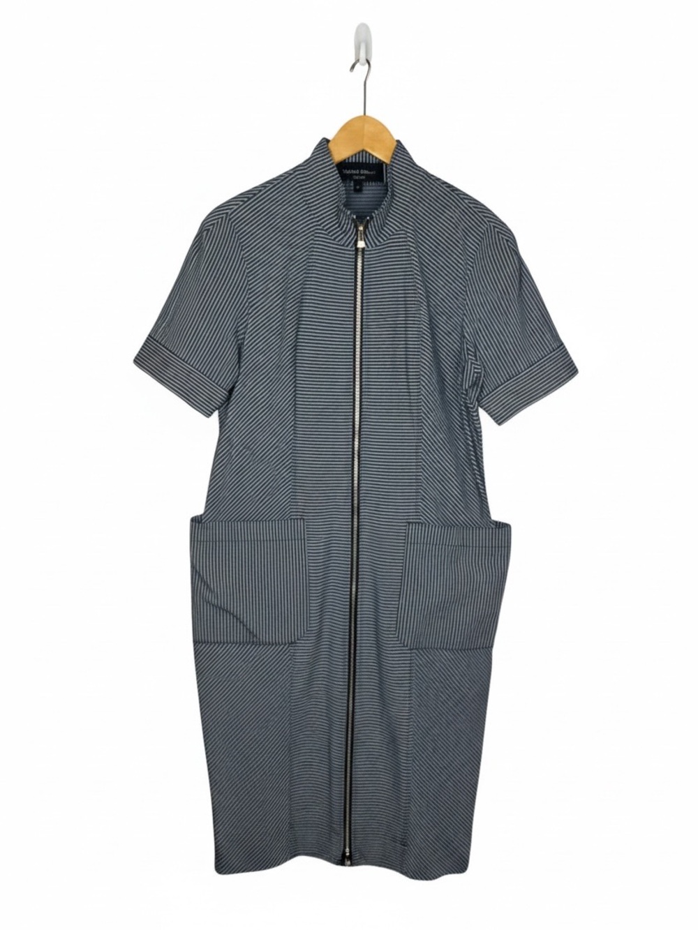 Hilton Hollis Navy Stripe Seersucker Full Zip Dress Patch Pockets Large